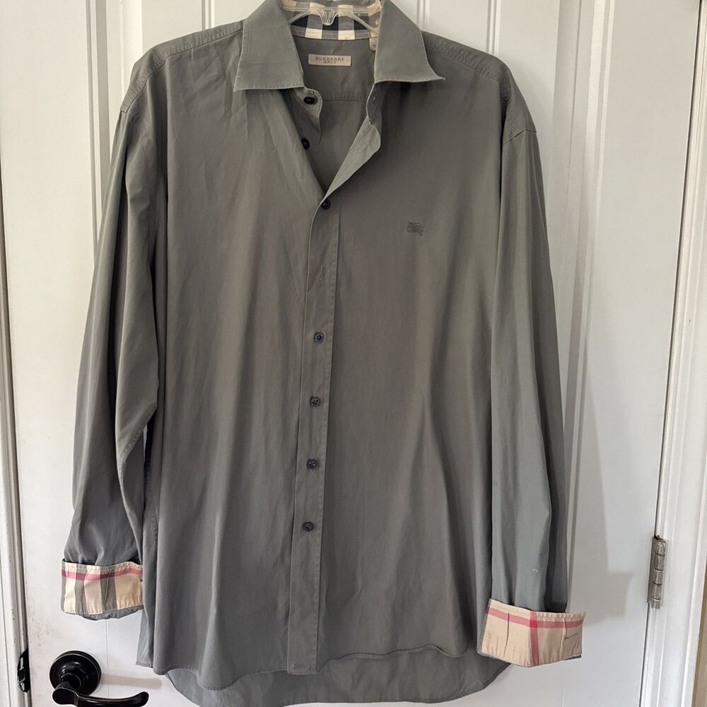 Burberry Brit Mens Grey Nova Check Cuff Button Down Shirt Long Sleeve XXL 2X